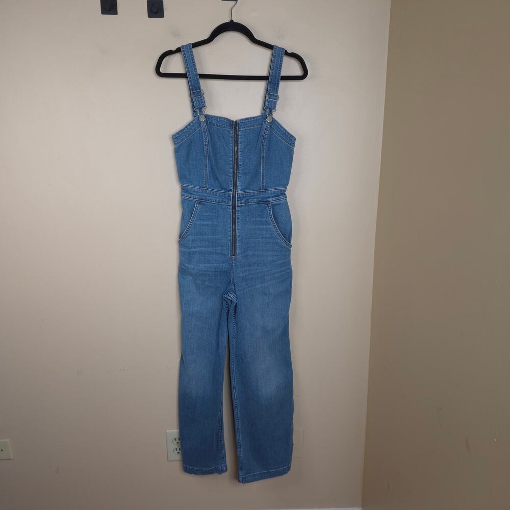 Hollister Medium Wash Denim Front Zip Overall Jumpsuit Size S